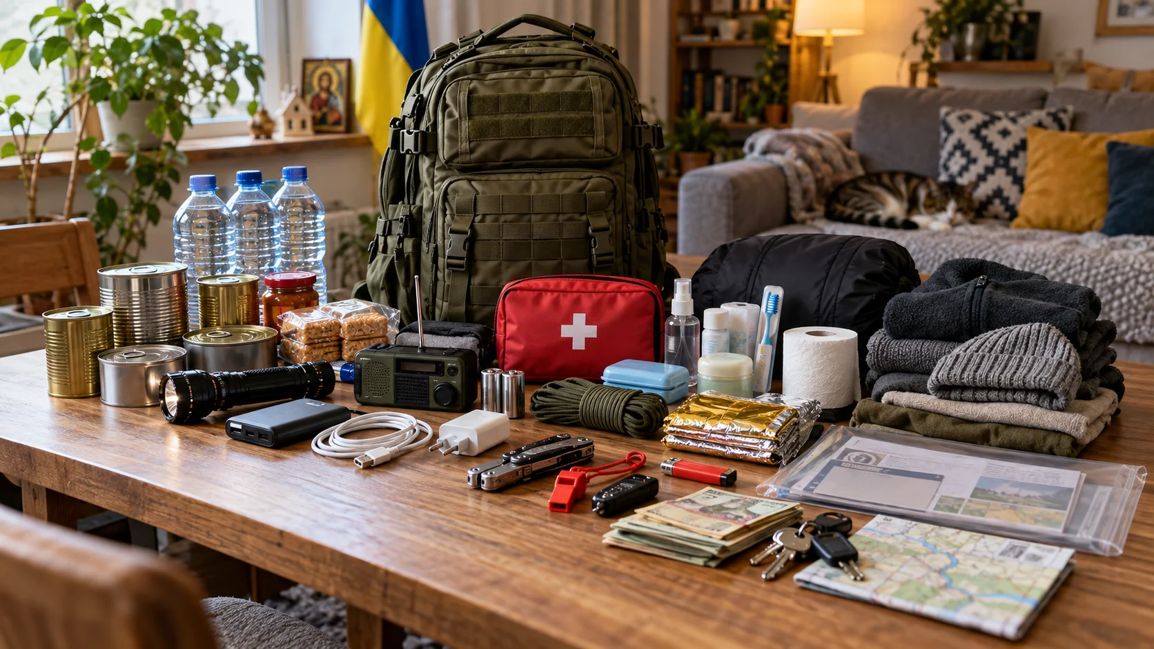Що має бути у тривожній валізі для родини на 72 години - рюкзак з аптечкою, документами, водою, продуктами, ліхтариком і теплими речами.