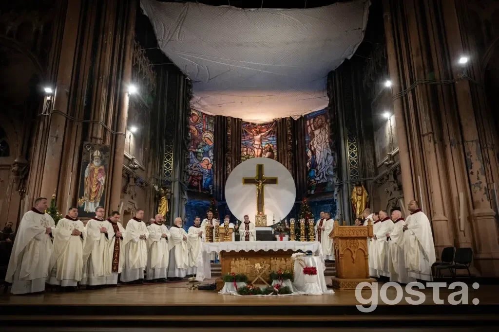 Alt text: "Clerics in white robes perform a mass at St. Nicholas Church, celebrating interfaith unity in Ukraine.