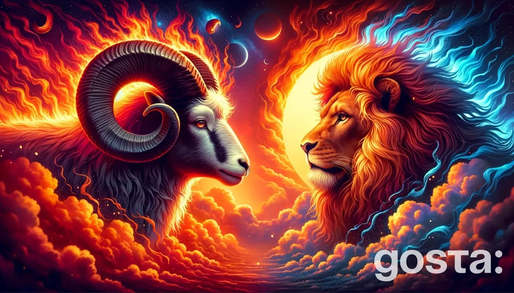 Astrological composition with zodiac symbols, planets, and stars for the horoscope onAries and Leo