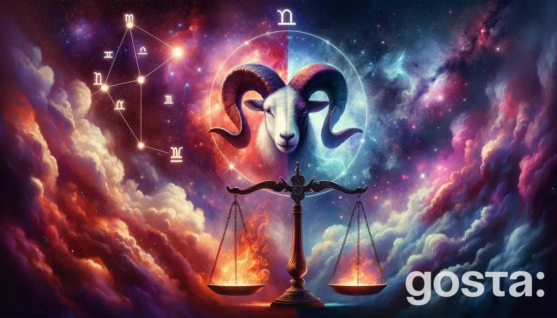 Astrological composition with zodiac symbols, planets, and stars for the horoscope onAries and Libra