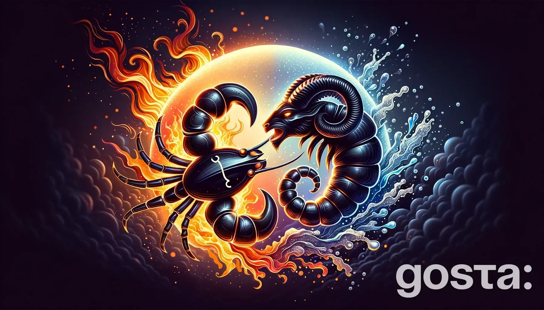Astrological composition with zodiac symbols, planets, and stars for the horoscope onAries and Scorpio