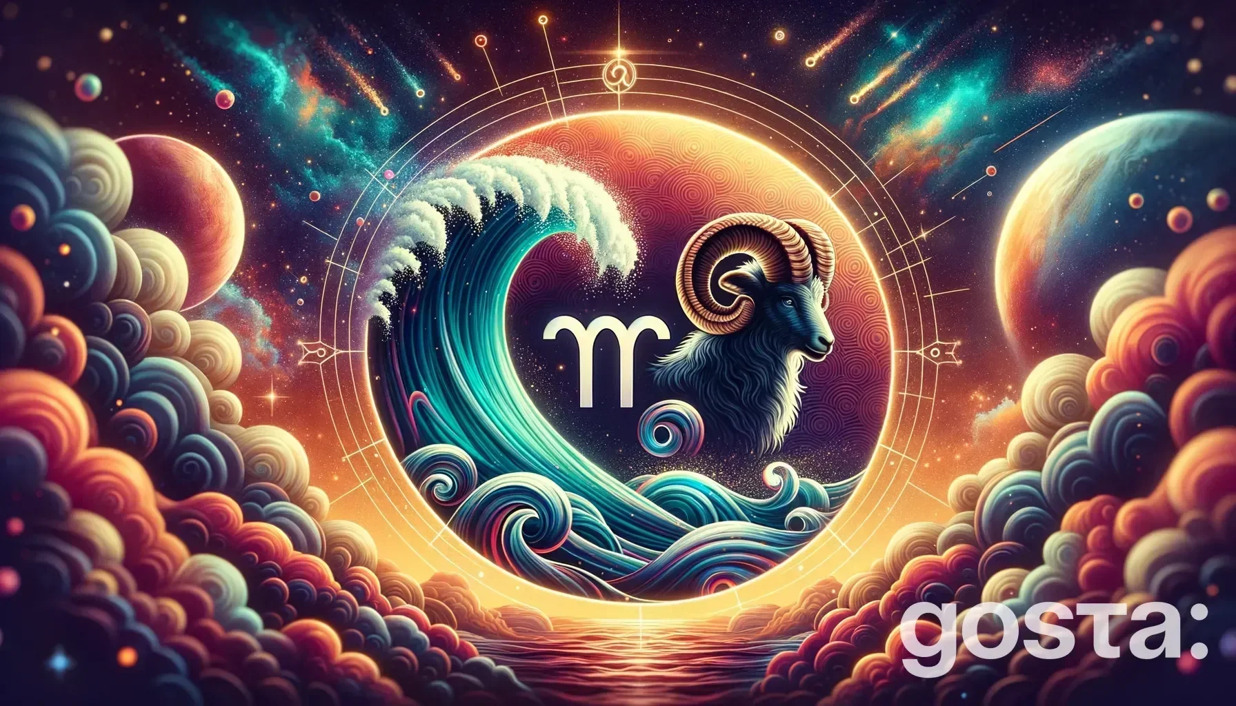 Astrological composition with zodiac symbols, planets, and stars for the horoscope onAries and Aquarius