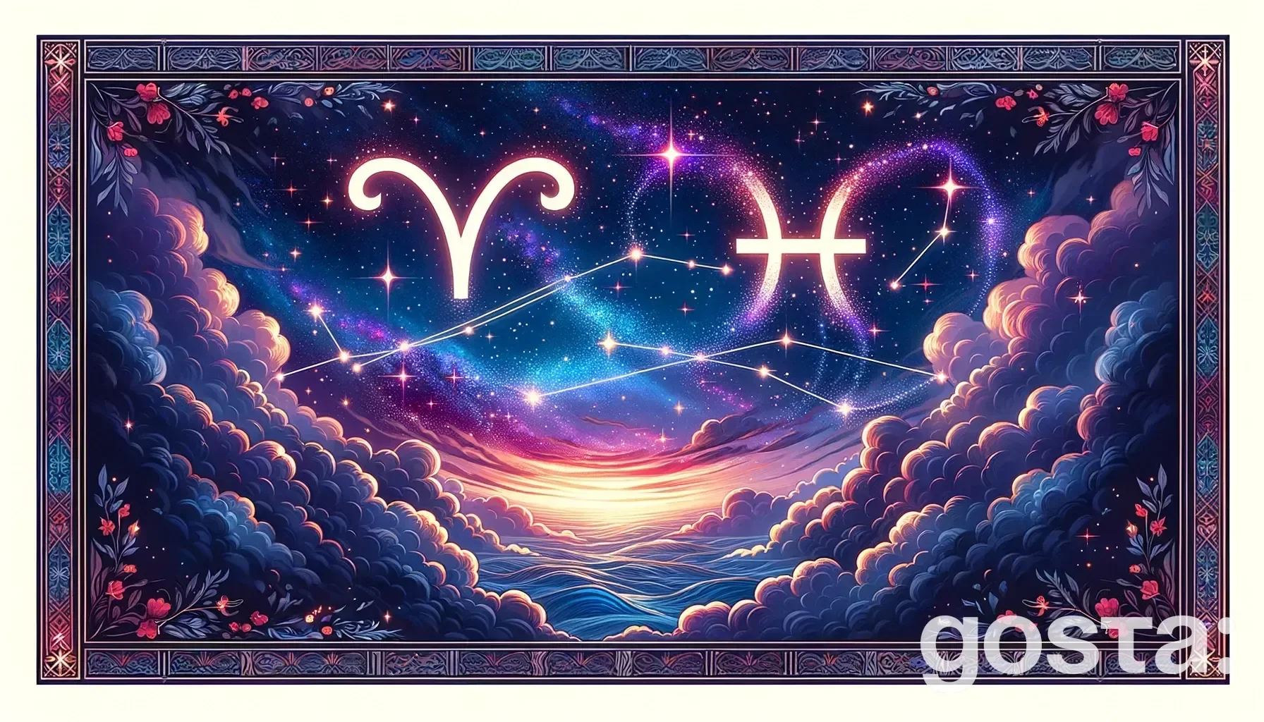 Astrological composition with zodiac symbols, planets, and stars for the horoscope onAries and Pisces
