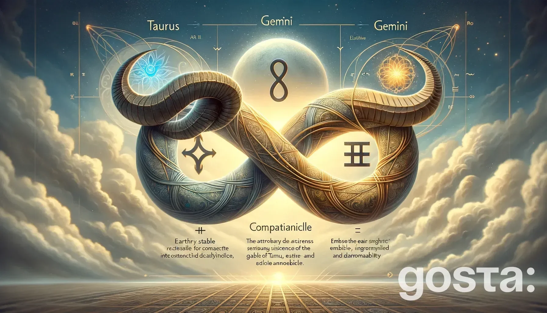 Astrological composition with zodiac symbols, planets, and stars for the horoscope onTaurus and Gemini