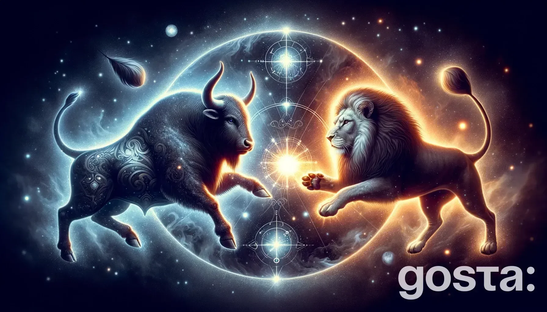 Astrological composition with zodiac symbols, planets, and stars for the horoscope onTaurus and Leo