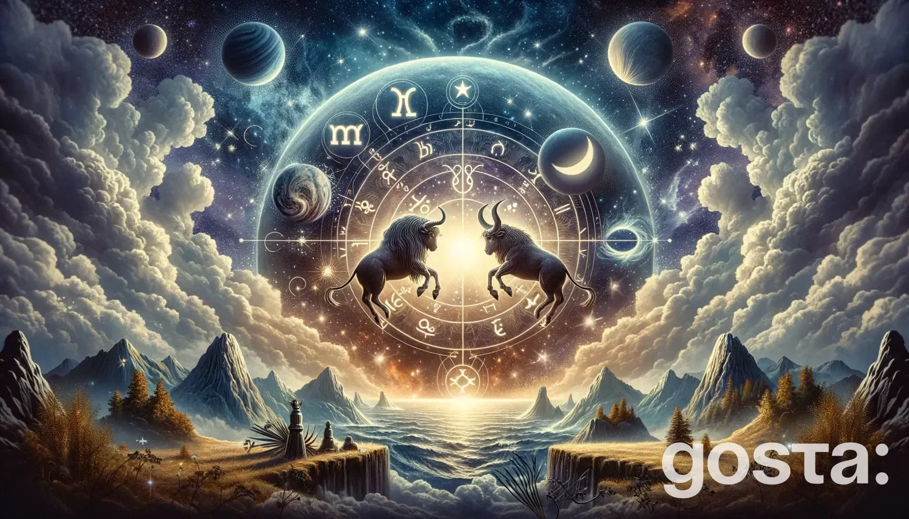 Astrological composition with zodiac symbols, planets, and stars for the horoscope onTaurus and Aquarius