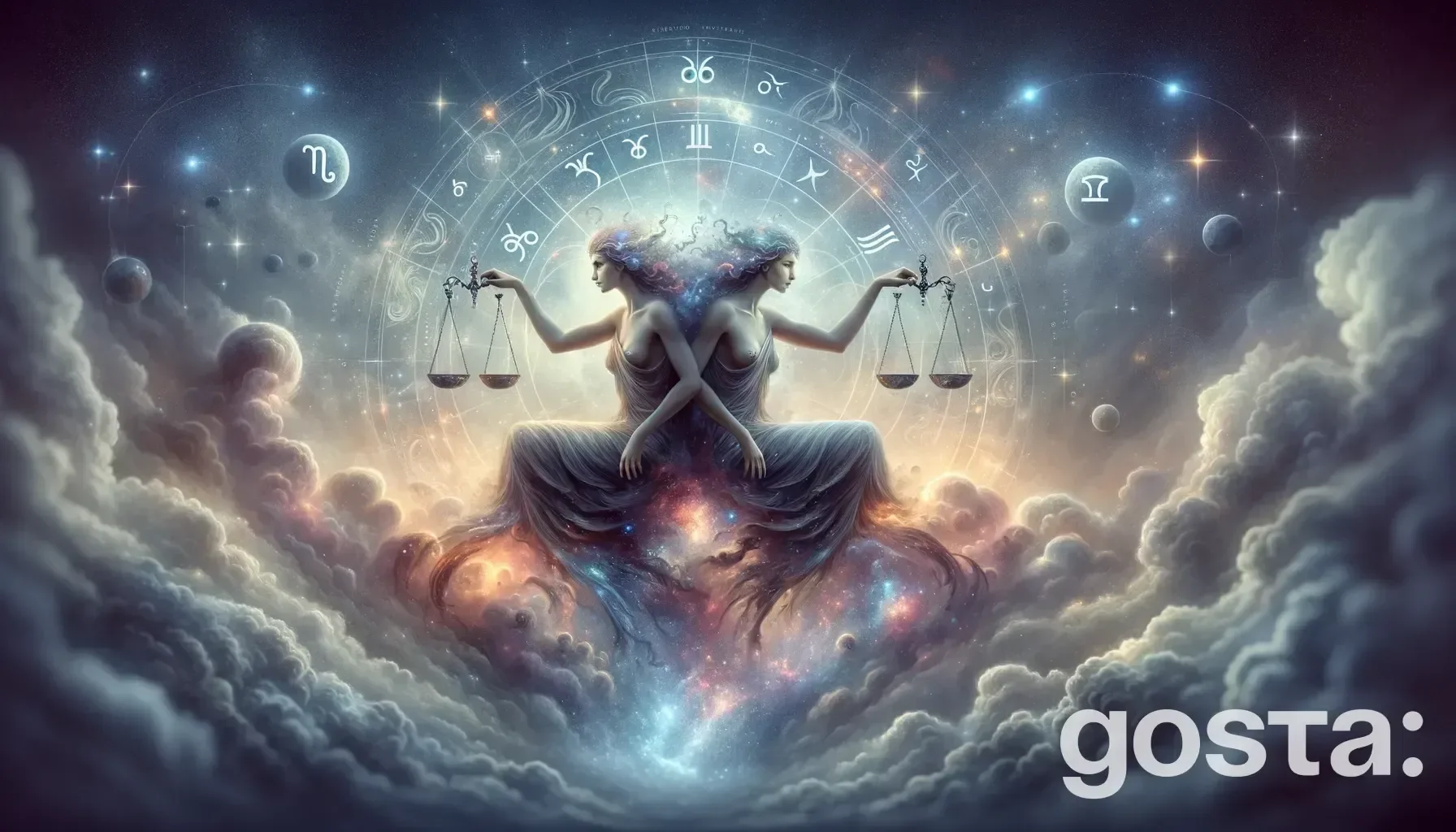 Astrological composition with zodiac symbols, planets, and stars for the horoscope onGemini and Libra