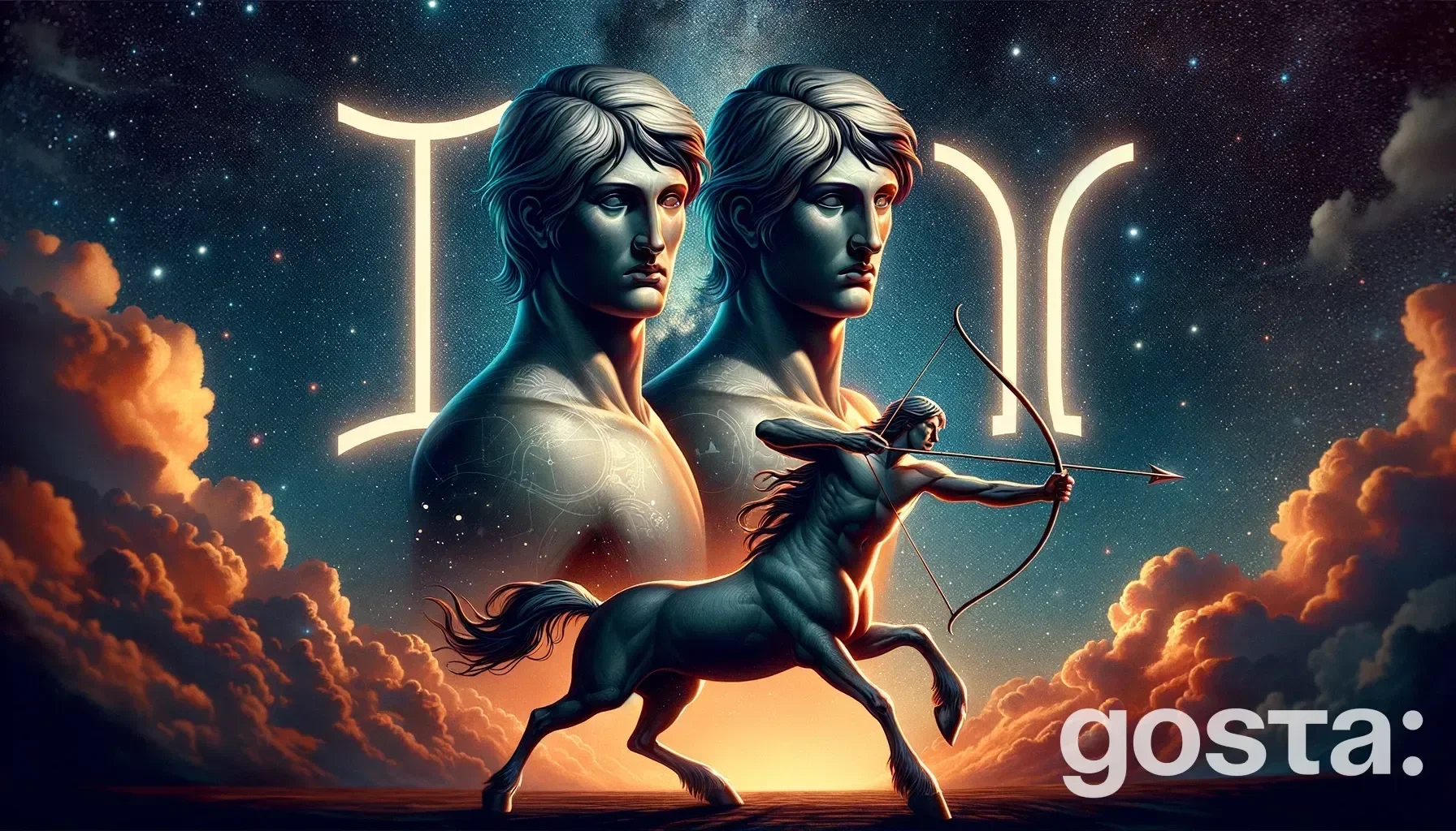 Astrological composition with zodiac symbols, planets, and stars for the horoscope onGemini and Sagittarius