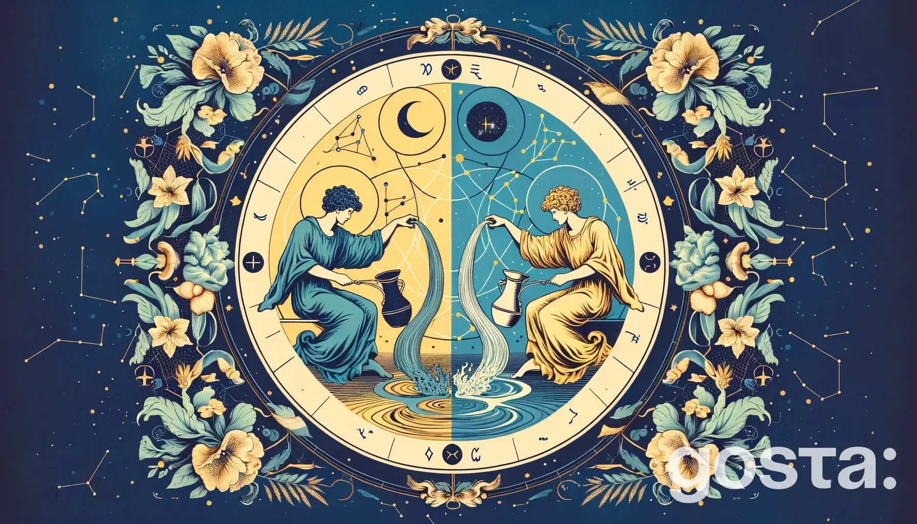 Astrological composition with zodiac symbols, planets, and stars for the horoscope onGemini and Aquarius