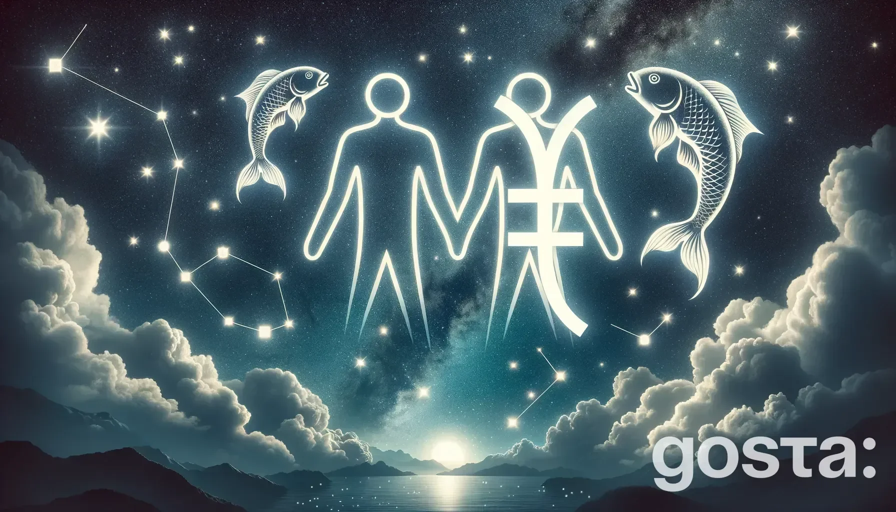 Astrological composition with zodiac symbols, planets, and stars for the horoscope onGemini and Pisces