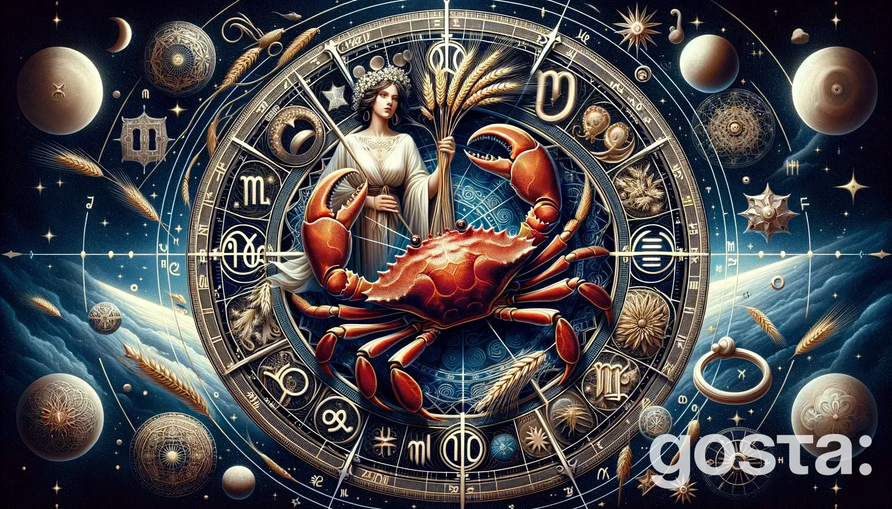 Astrological composition with zodiac symbols, planets, and stars for the horoscope onCancer and Virgo