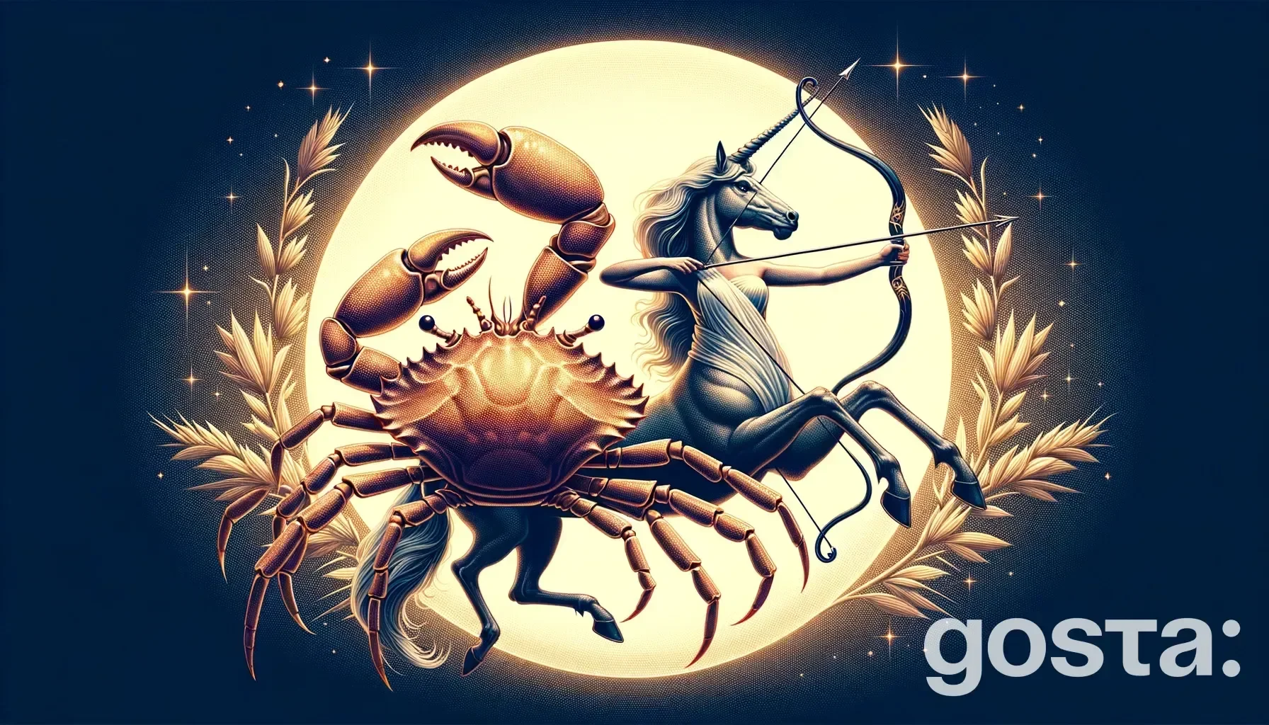 Astrological composition with zodiac symbols, planets, and stars for the horoscope onCancer and Sagittarius