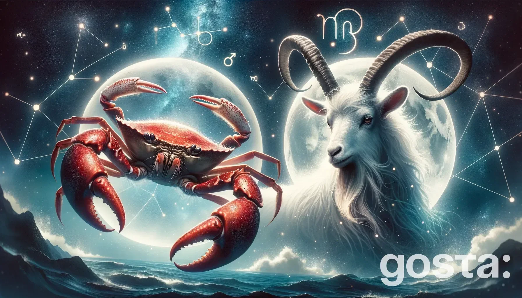 Astrological composition with zodiac symbols, planets, and stars for the horoscope onCancer and Capricorn