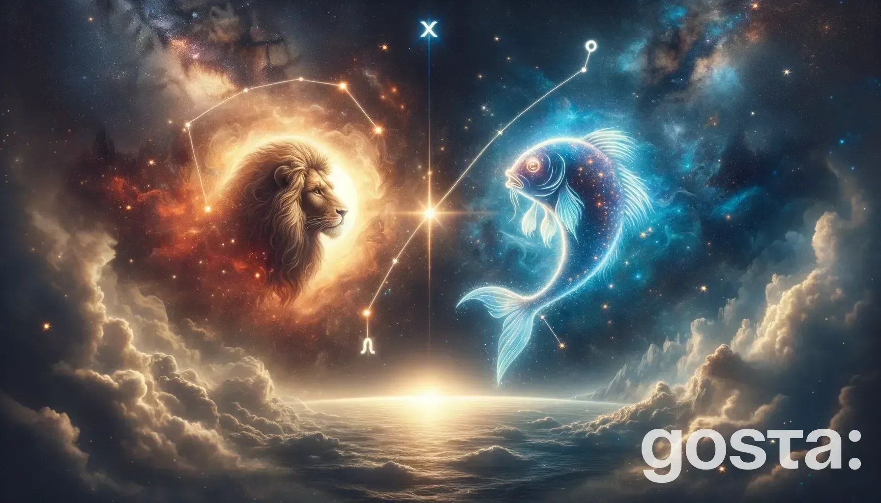 Astrological composition with zodiac symbols, planets, and stars for the horoscope onLeo and Pisces