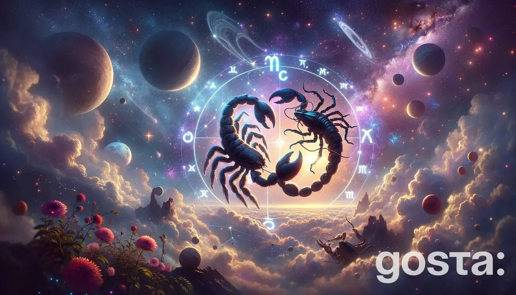 Astrological composition with zodiac symbols, planets, and stars for the horoscope onVirgo and Scorpio