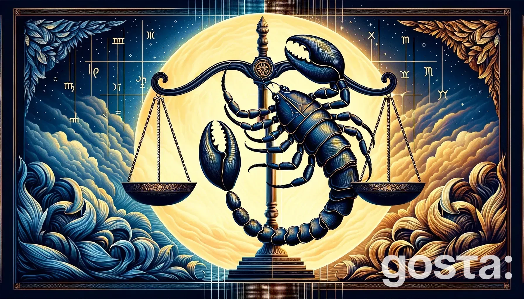 Astrological composition with zodiac symbols, planets, and stars for the horoscope onLibra and Scorpio