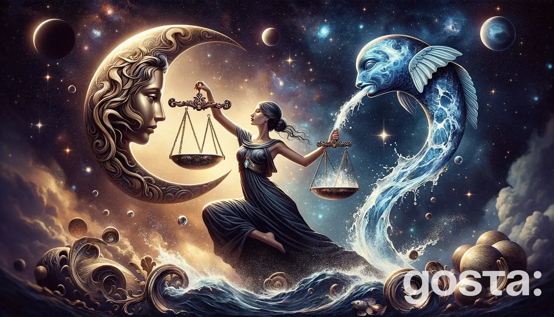 Astrological composition with zodiac symbols, planets, and stars for the horoscope onLibra and Aquarius