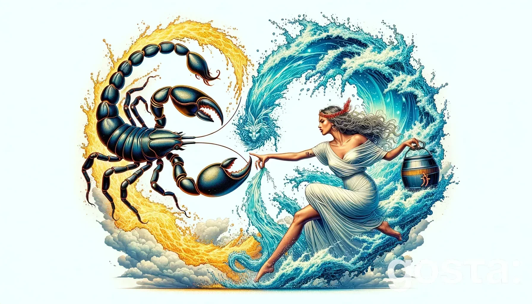 Astrological composition with zodiac symbols, planets, and stars for the horoscope onScorpio and Aquarius