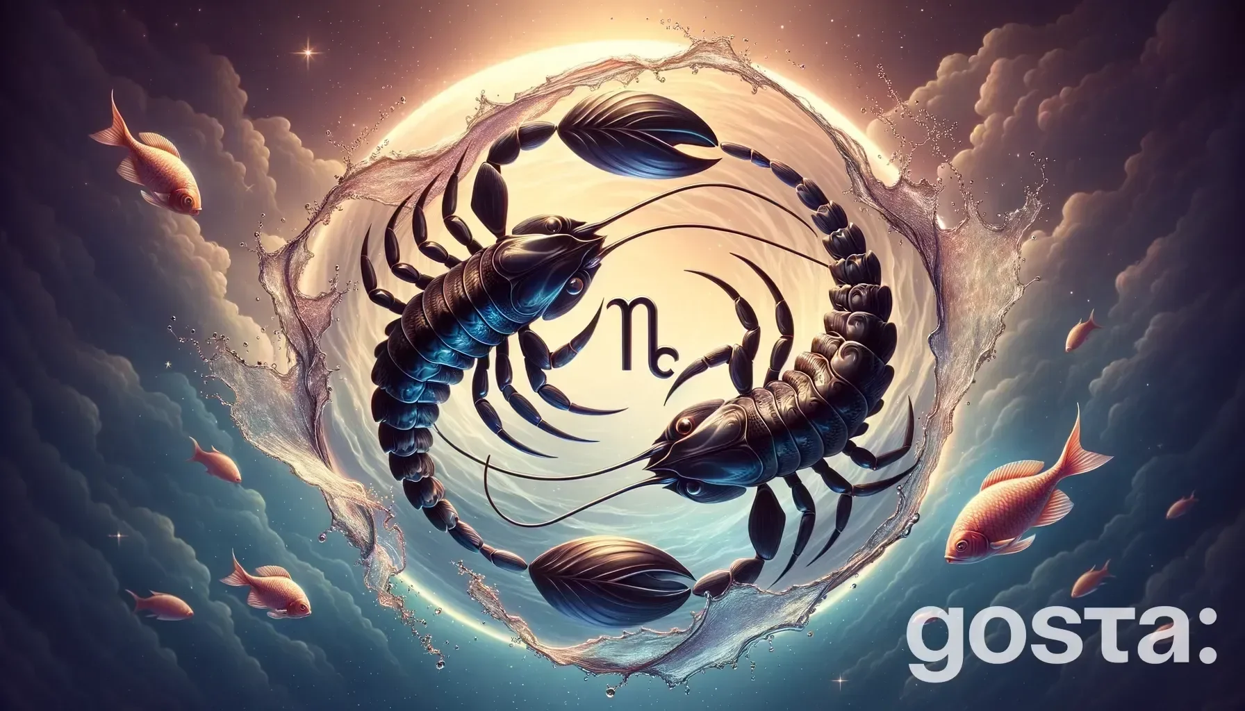 Astrological composition with zodiac symbols, planets, and stars for the horoscope onScorpio and Pisces
