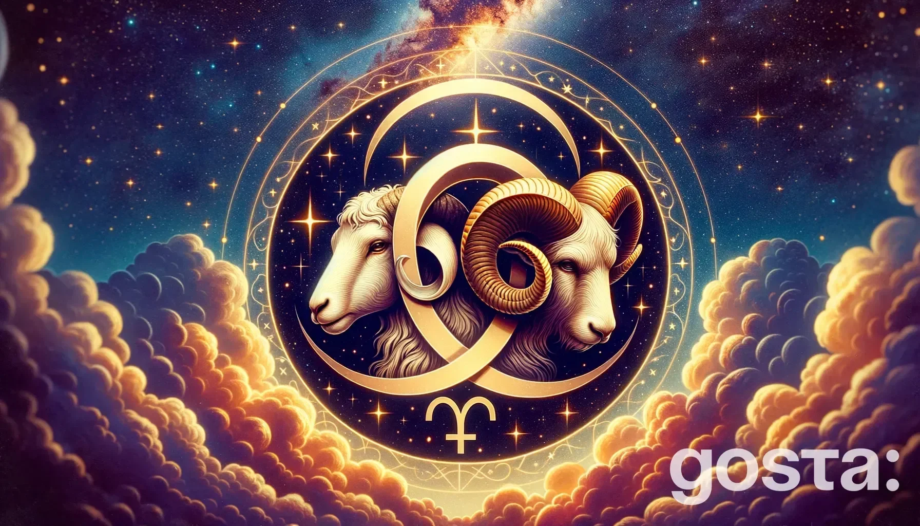 Astrological composition with zodiac symbols, planets, and stars for the horoscope onAries and Taurus