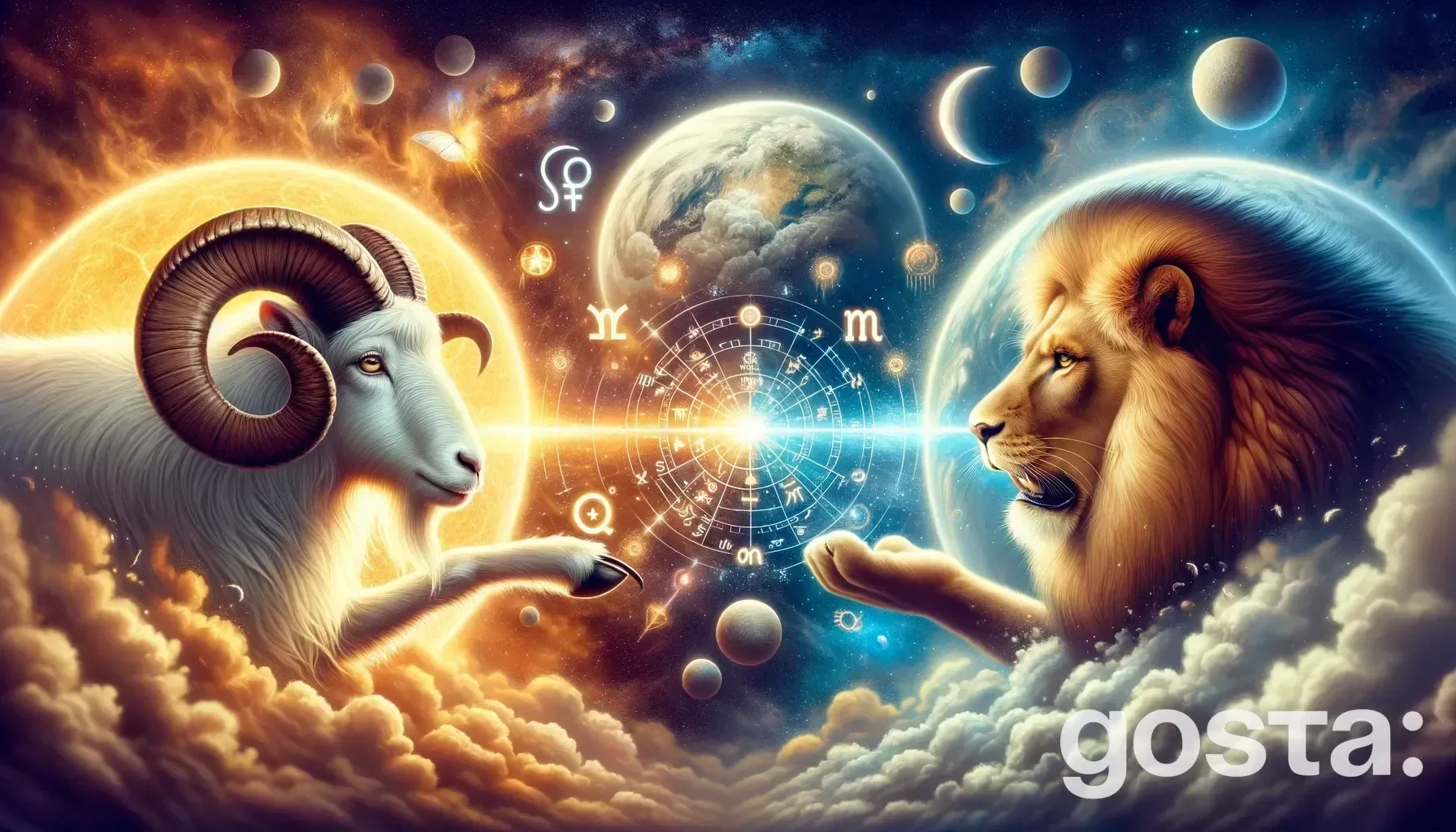 Astrological composition with zodiac symbols, planets, and stars for the horoscope onAries and Leo