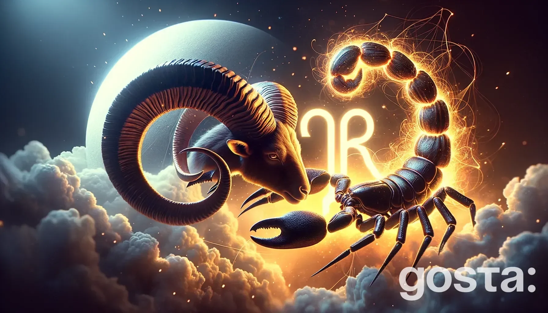 Astrological composition with zodiac symbols, planets, and stars for the horoscope onAries and Scorpio
