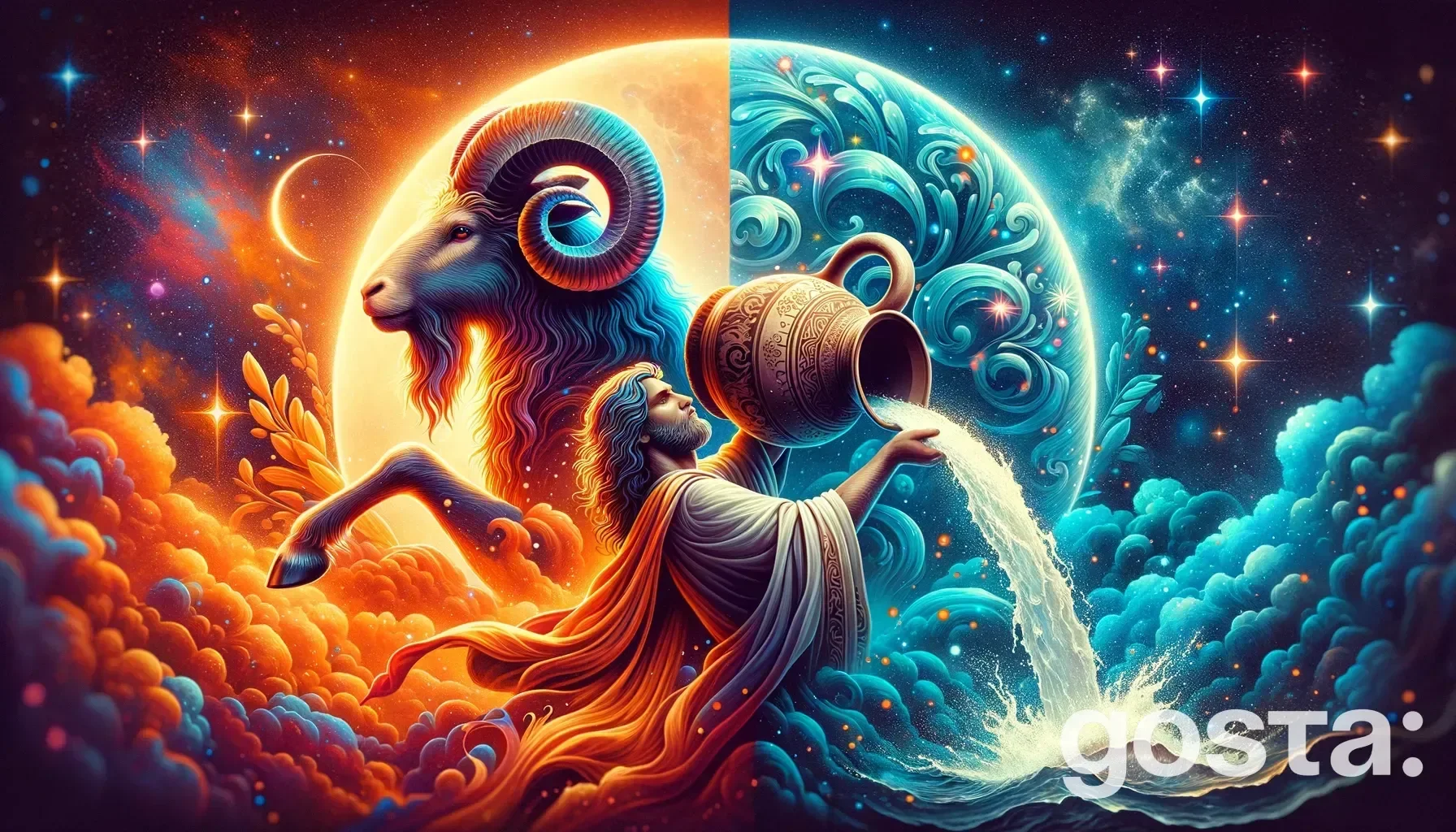 Astrological composition with zodiac symbols, planets, and stars for the horoscope onAries and Aquarius