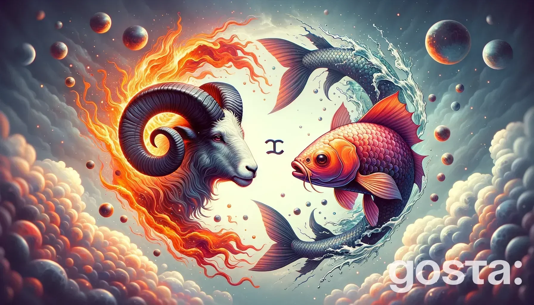Astrological composition with zodiac symbols, planets, and stars for the horoscope onAries and Pisces