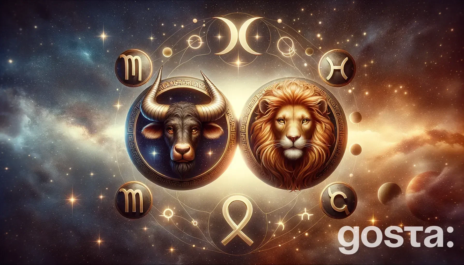 Astrological composition with zodiac symbols, planets, and stars for the horoscope onTaurus and Leo