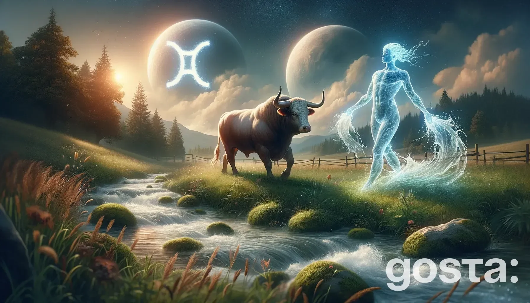 Astrological composition with zodiac symbols, planets, and stars for the horoscope onTaurus and Aquarius