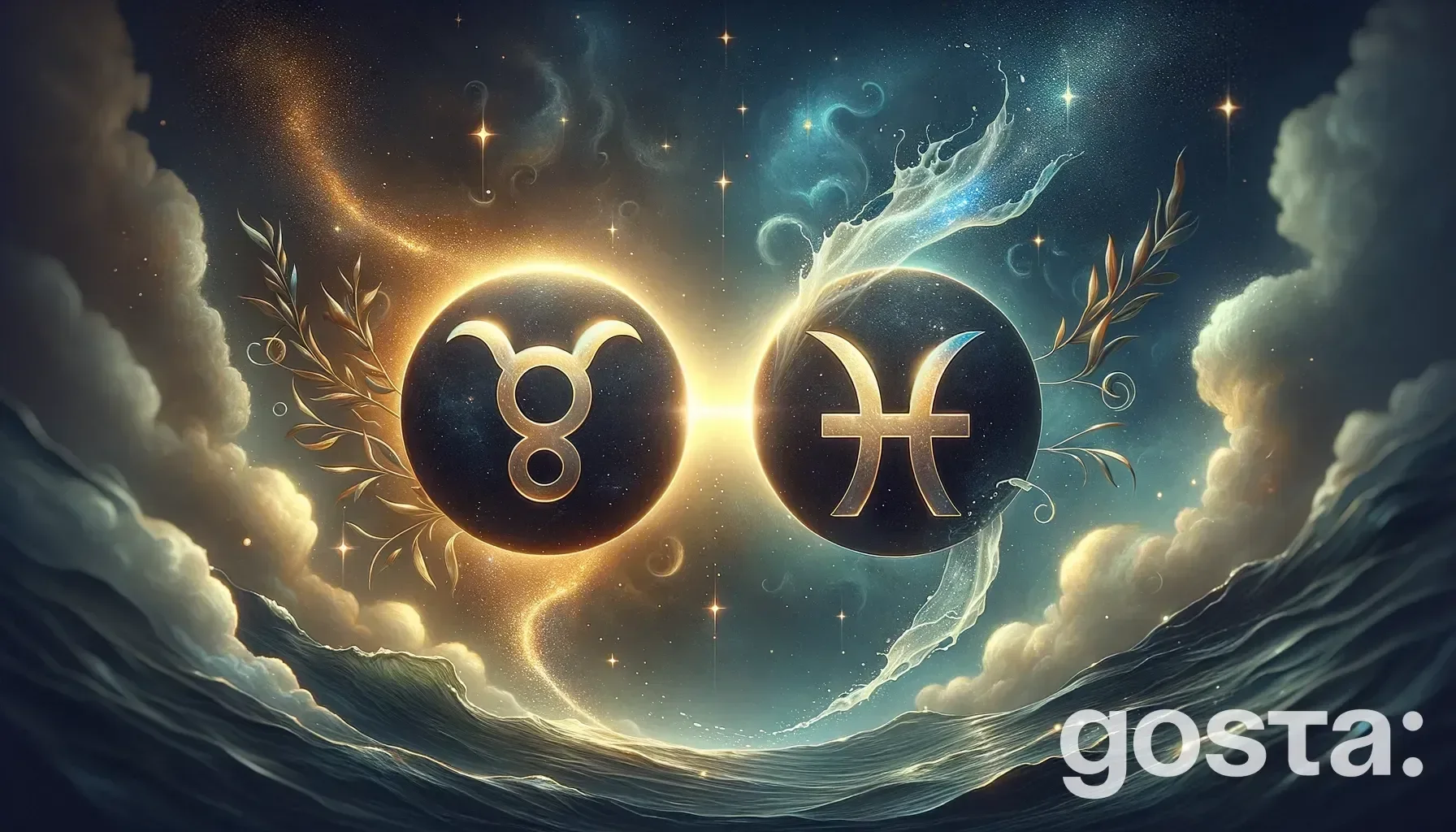 Astrological composition with zodiac symbols, planets, and stars for the horoscope onTaurus and Pisces