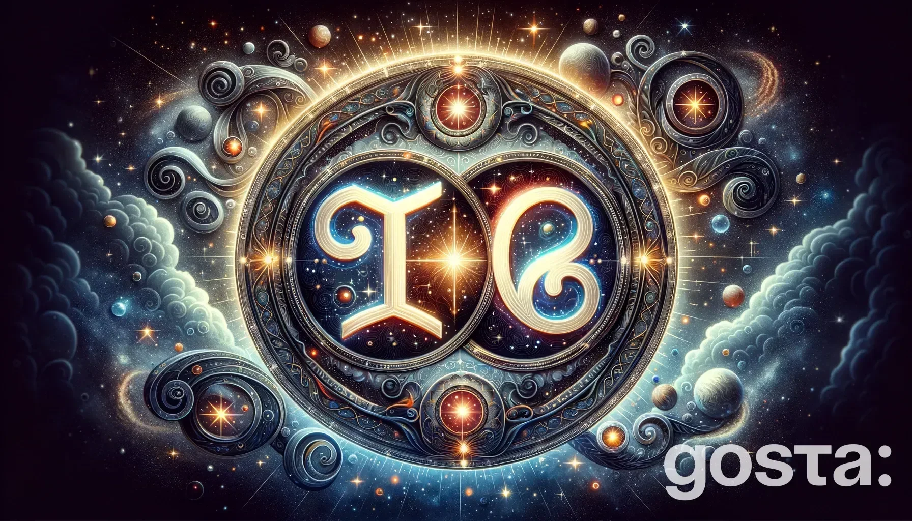 Astrological composition with zodiac symbols, planets, and stars for the horoscope onGemini and Virgo