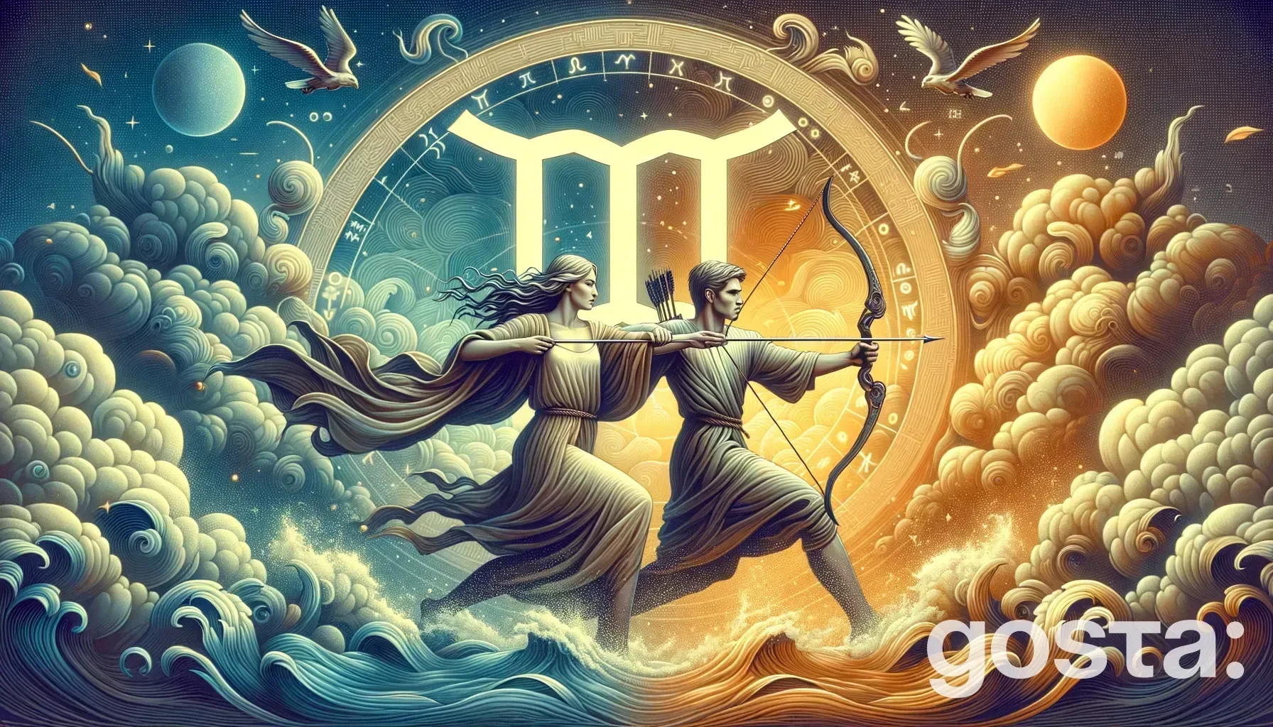Astrological composition with zodiac symbols, planets, and stars for the horoscope onGemini and Sagittarius