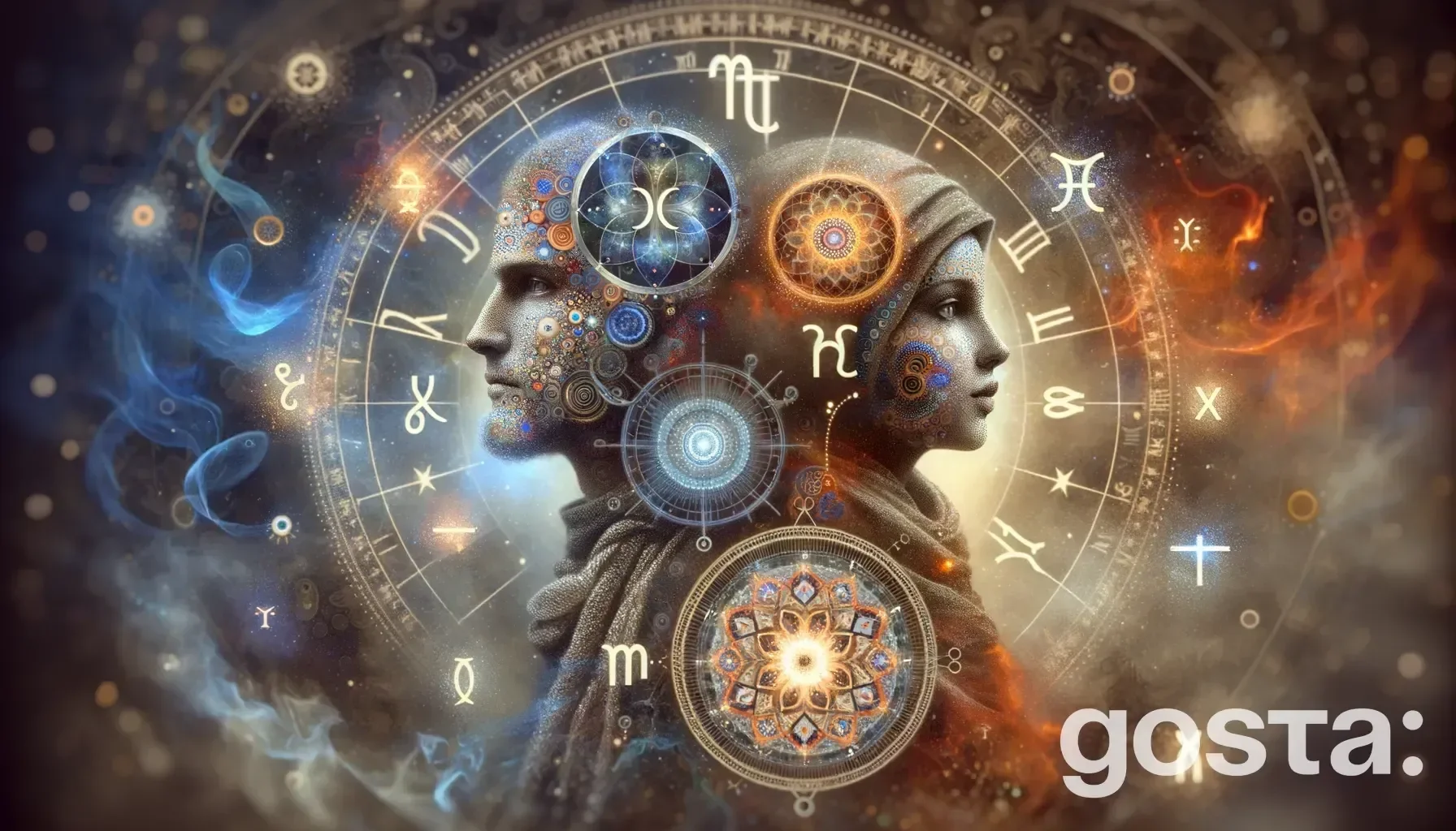 Astrological composition with zodiac symbols, planets, and stars for the horoscope onGemini and Pisces