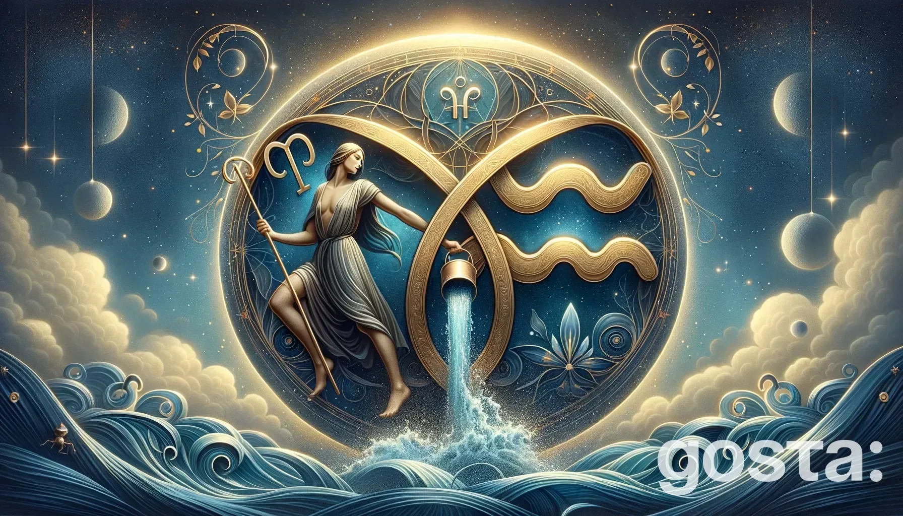 Astrological composition with zodiac symbols, planets, and stars for the horoscope onGemini and Aquarius