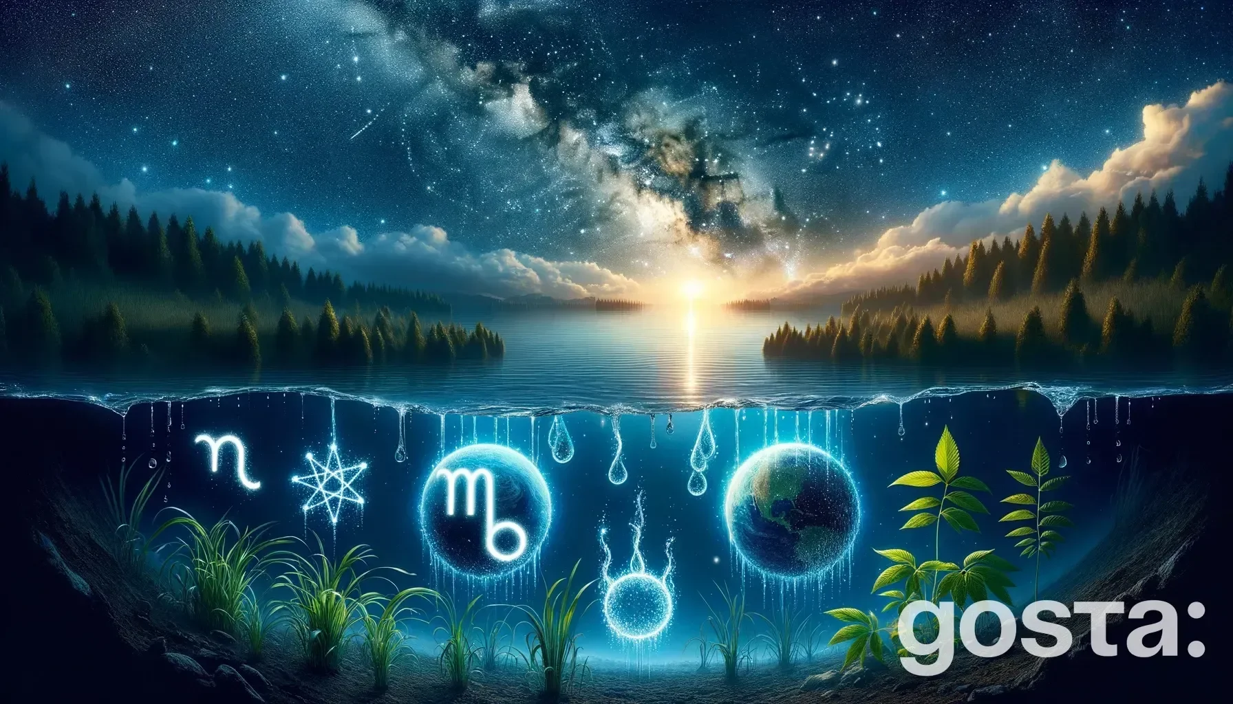 Astrological composition with zodiac symbols, planets, and stars for the horoscope onCancer and Virgo