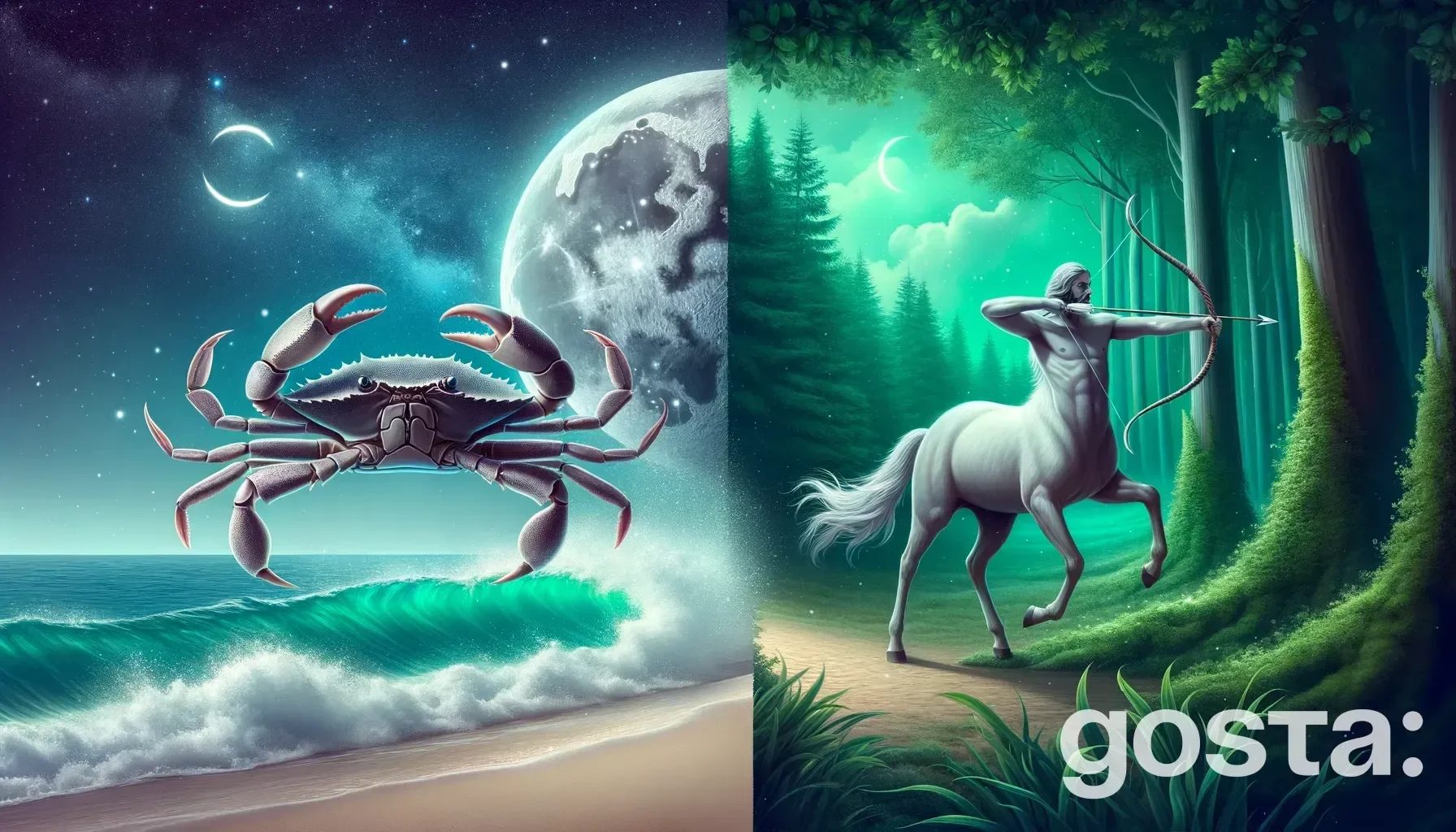 Astrological composition with zodiac symbols, planets, and stars for the horoscope onCancer and Sagittarius