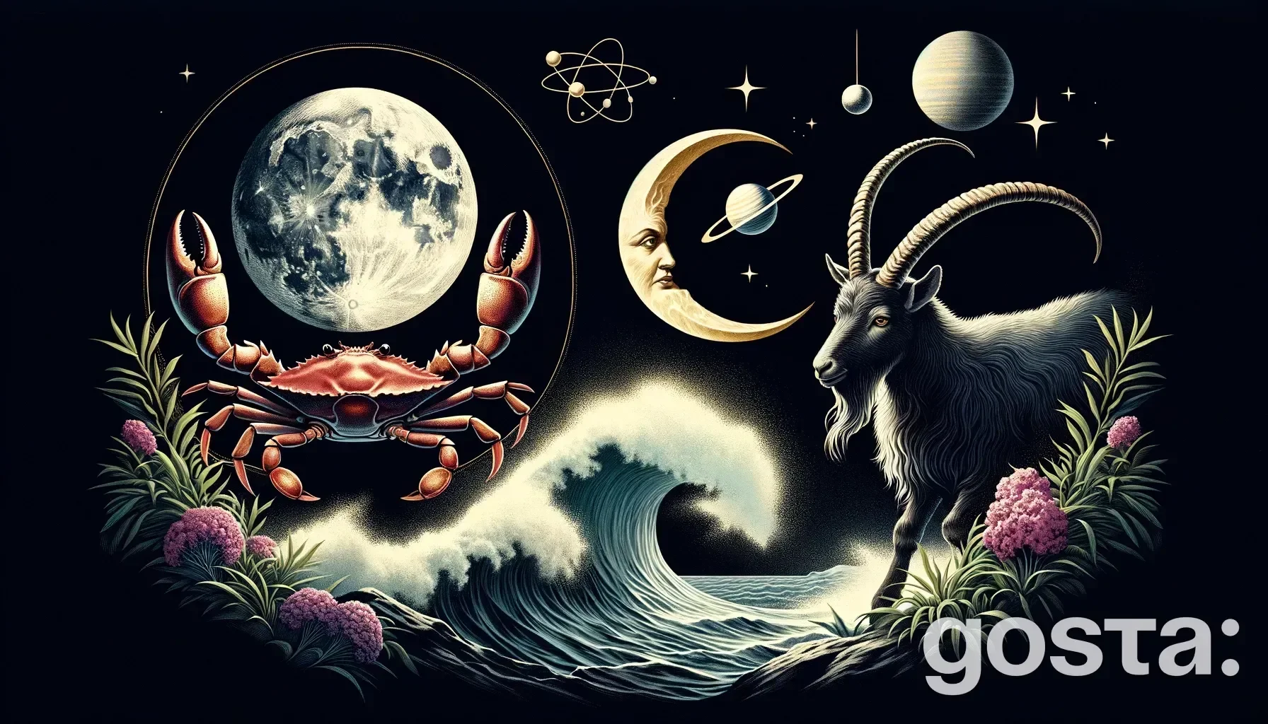 Astrological composition with zodiac symbols, planets, and stars for the horoscope onCancer and Capricorn