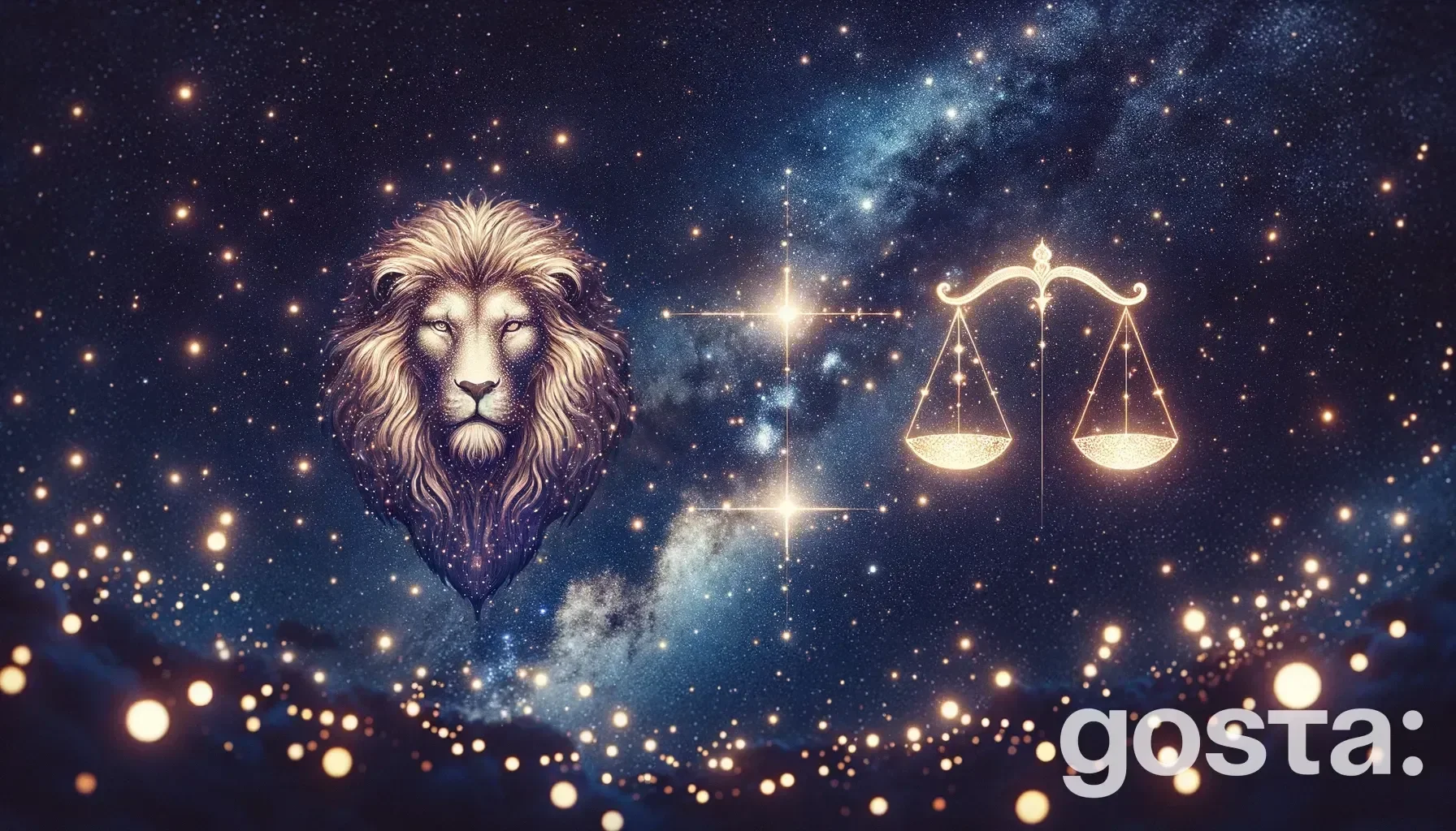 Astrological composition with zodiac symbols, planets, and stars for the horoscope onLeo and Libra