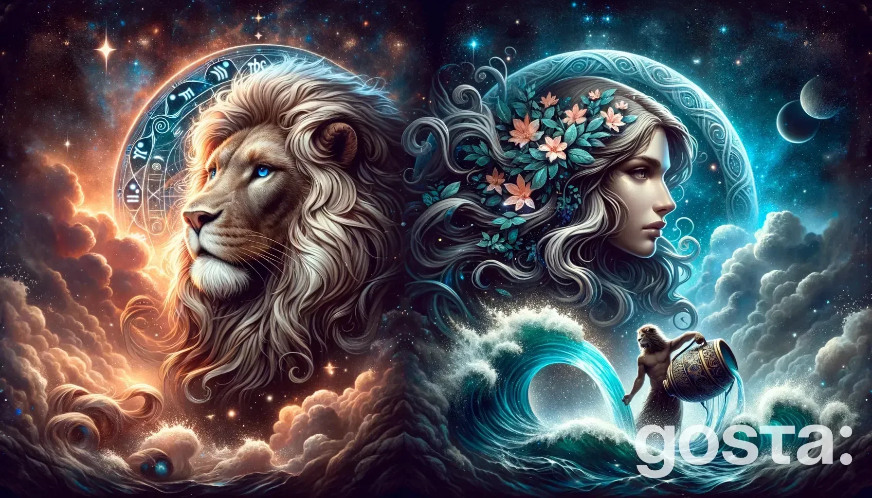 Astrological composition with zodiac symbols, planets, and stars for the horoscope onLeo and Aquarius