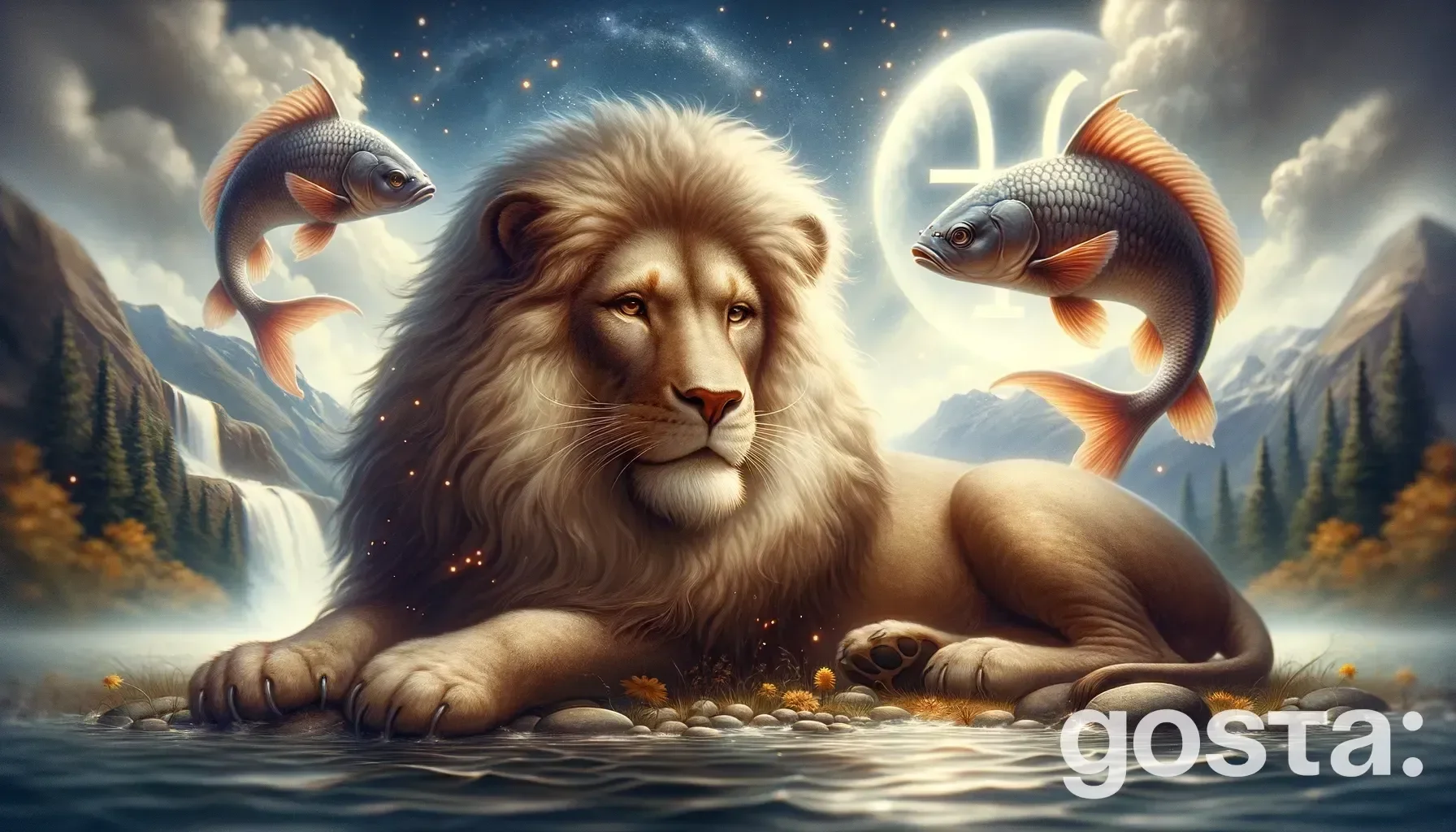 Astrological composition with zodiac symbols, planets, and stars for the horoscope onLeo and Pisces