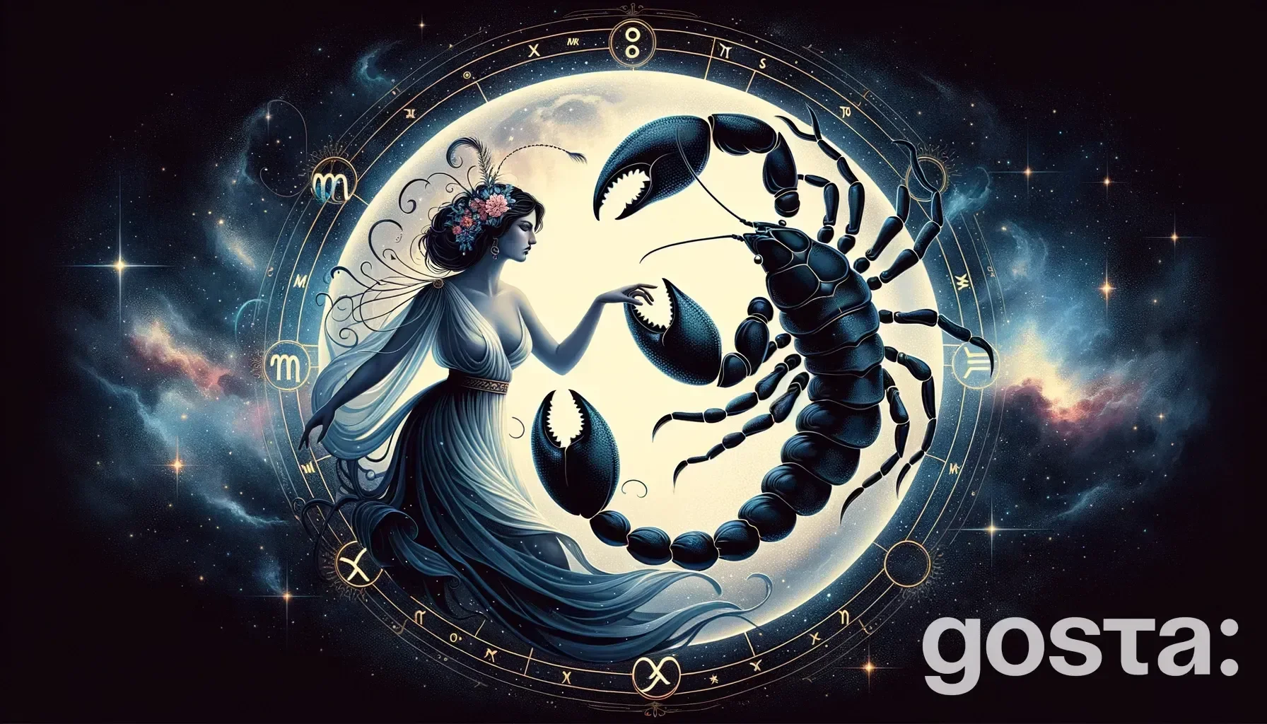 Astrological composition with zodiac symbols, planets, and stars for the horoscope onVirgo and Scorpio