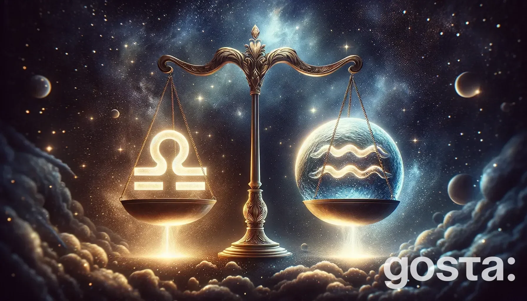 Astrological composition with zodiac symbols, planets, and stars for the horoscope onLibra and Aquarius