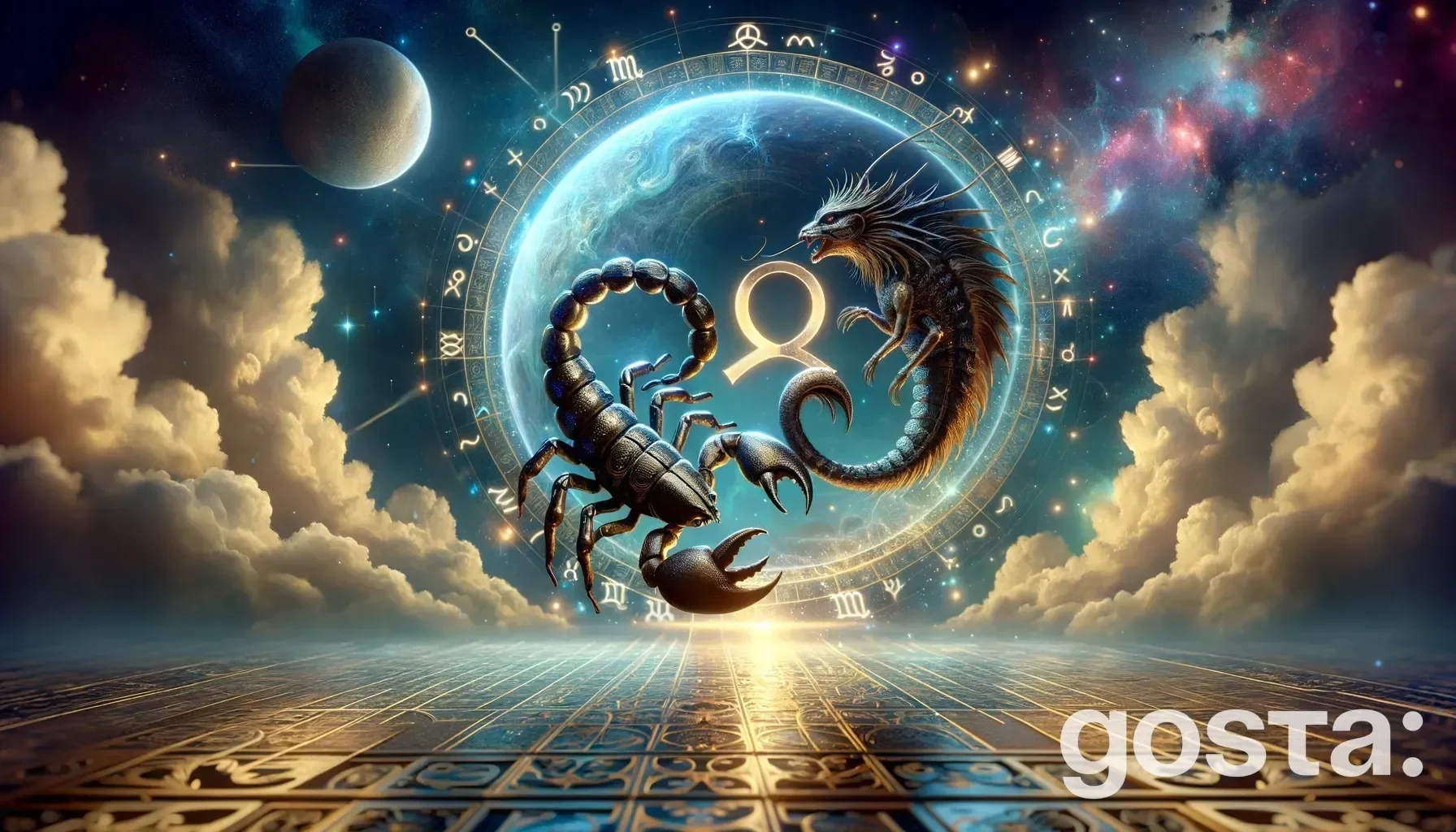 Astrological composition with zodiac symbols, planets, and stars for the horoscope onScorpio and Aquarius