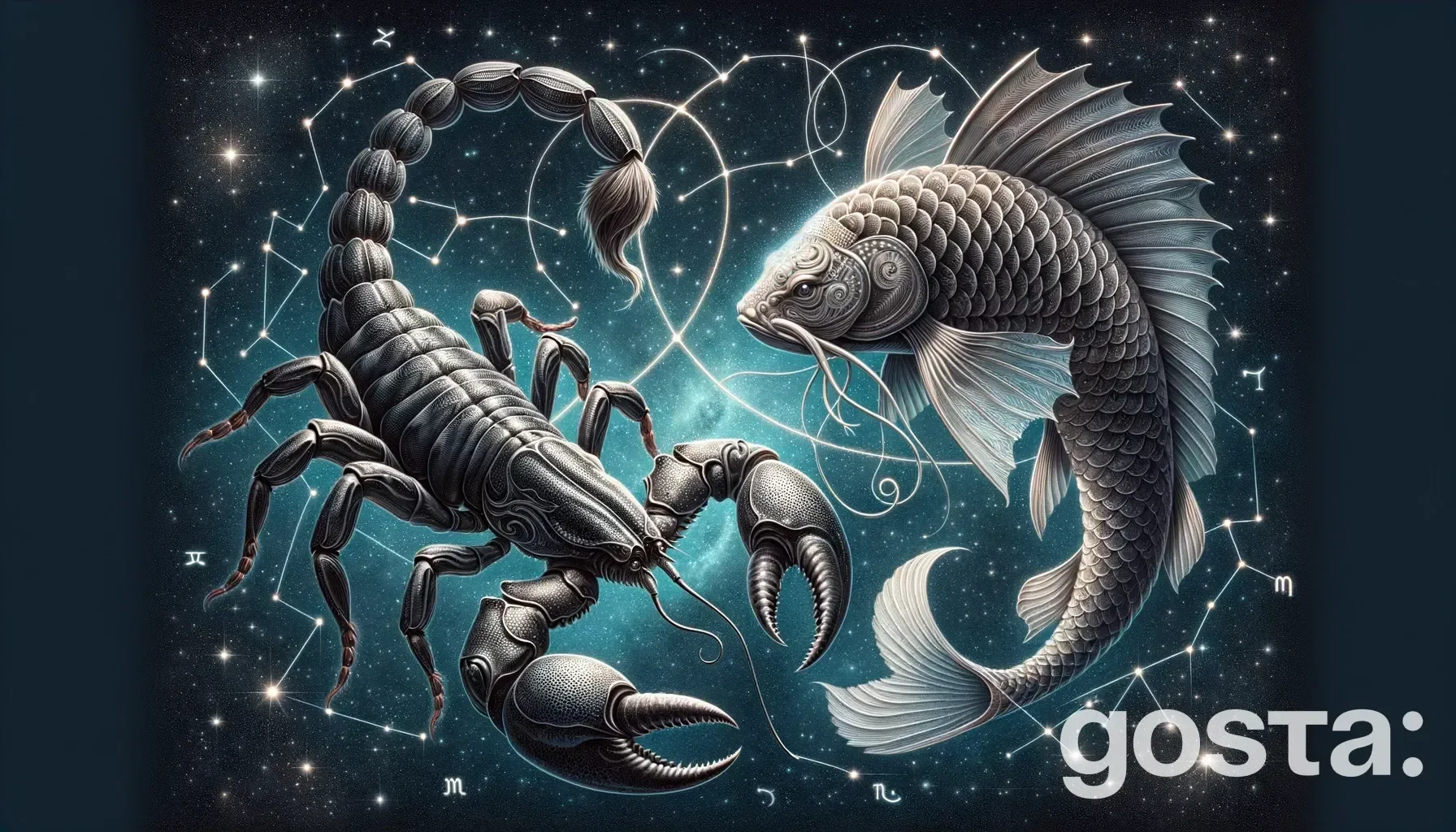 Astrological composition with zodiac symbols, planets, and stars for the horoscope onScorpio and Pisces
