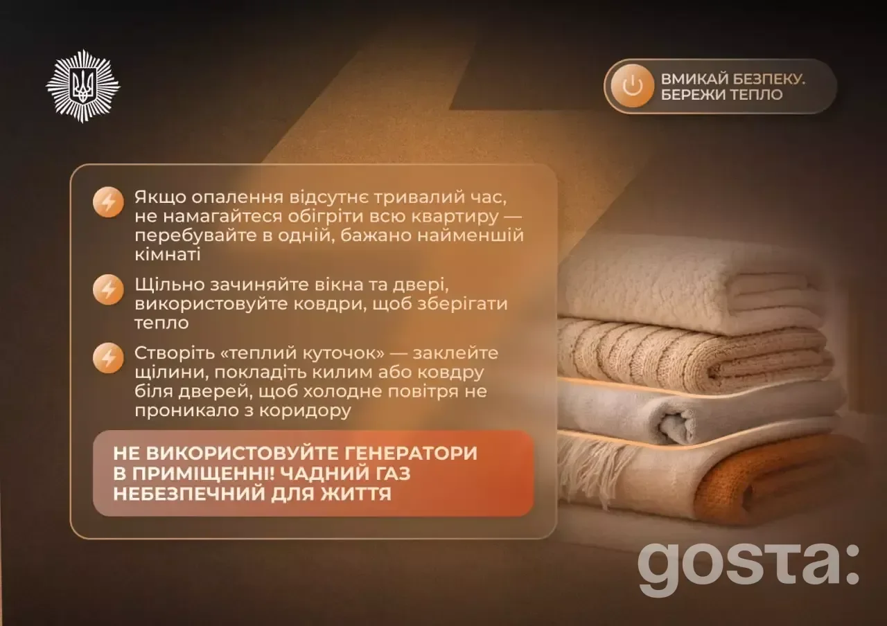 На зображенні показано рекомендації збереження тепла в оселі під час відсутності електроенергії, від МВС України.