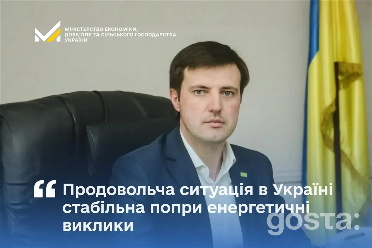 Заступник Міністра України, стабільна продовольча ситуація попри енергетичні виклики, прапор на задньому плані.