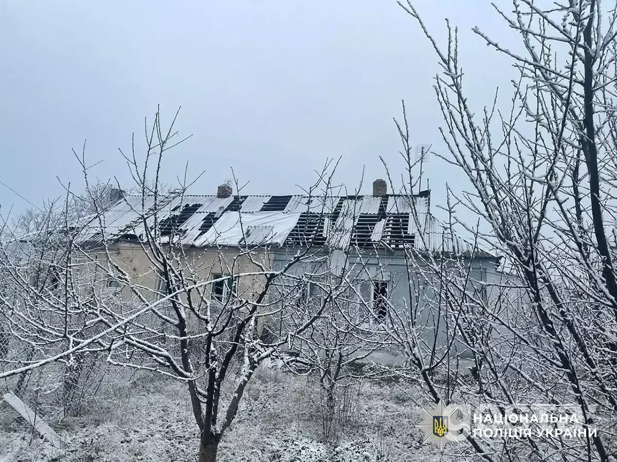 Пошкоджений будинок у засніженому лісі, наслідки обстрілів в Україні. Видно зруйнований дах і пошкоджену територію.