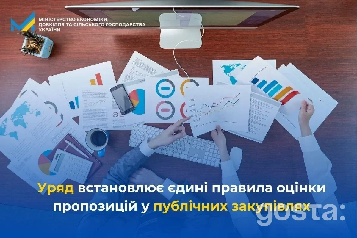 На зображенні зображені люди, що працюють з документами, графіками та ноутбуком, ілюструючи процес оцінки закупівель.