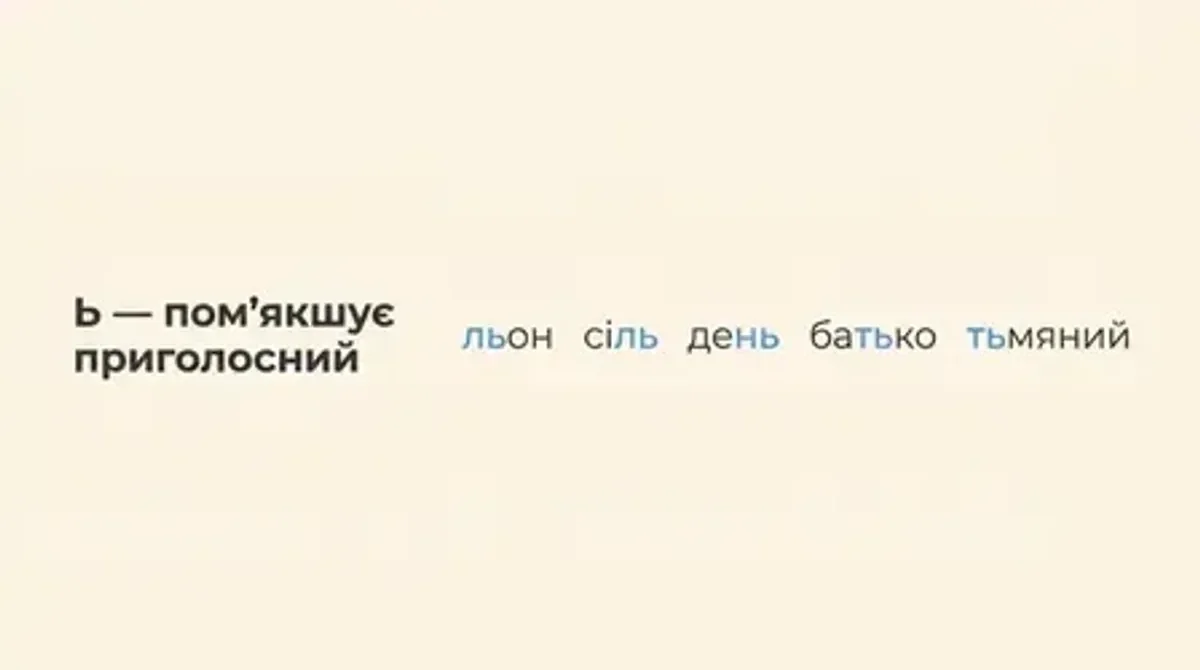 М'який знак: приклади пом'якшення — льон, сіль, день, батько, тьмяний